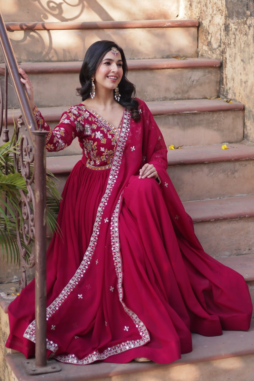 Magnificent Faux Georgette Zari Sequins Embroidered Gown With Dupatta - INDIAN ELEGANCE