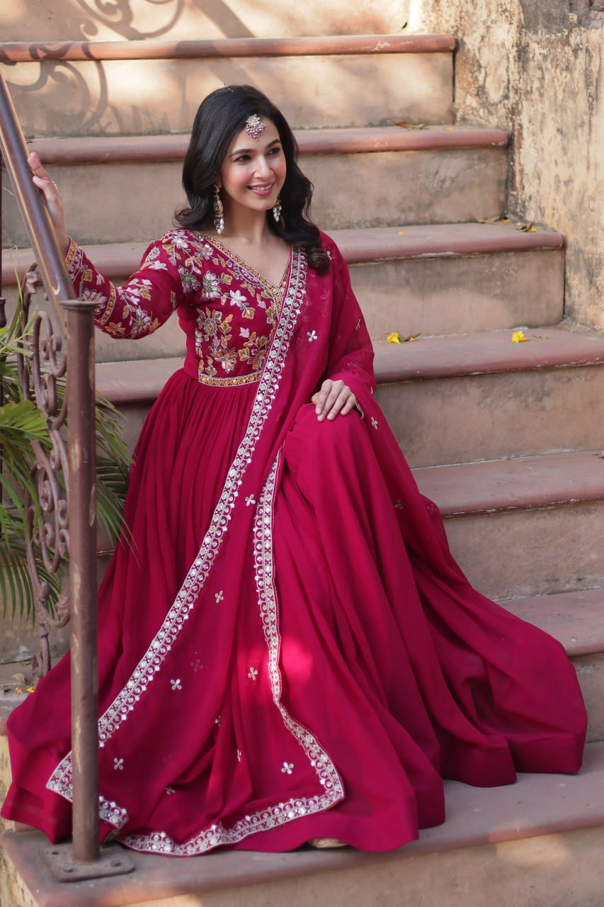 Magnificent Faux Georgette Zari Sequins Embroidered Gown With Dupatta - INDIAN ELEGANCE