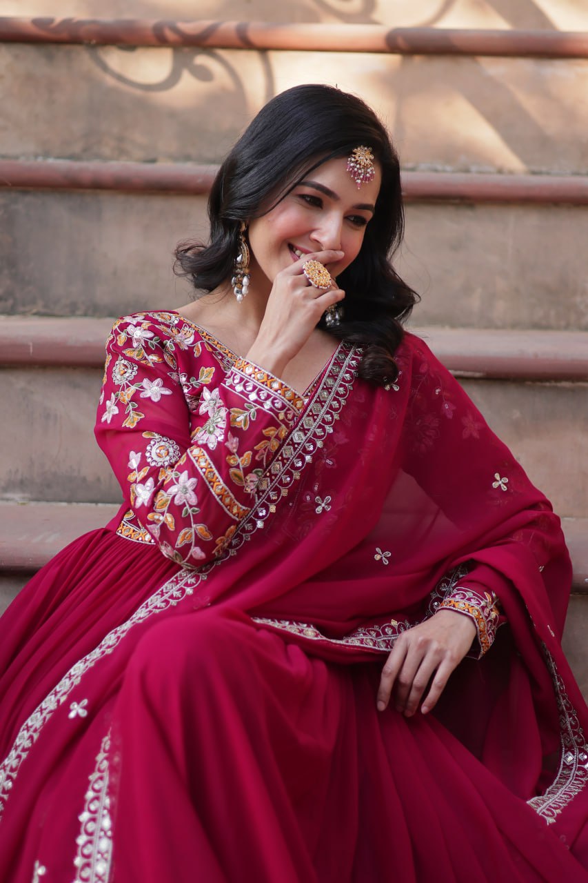 Magnificent Faux Georgette Zari Sequins Embroidered Gown With Dupatta - INDIAN ELEGANCE