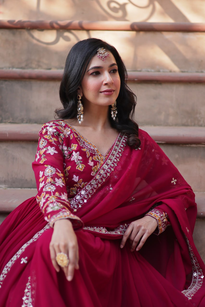 Magnificent Faux Georgette Zari Sequins Embroidered Gown With Dupatta - INDIAN ELEGANCE