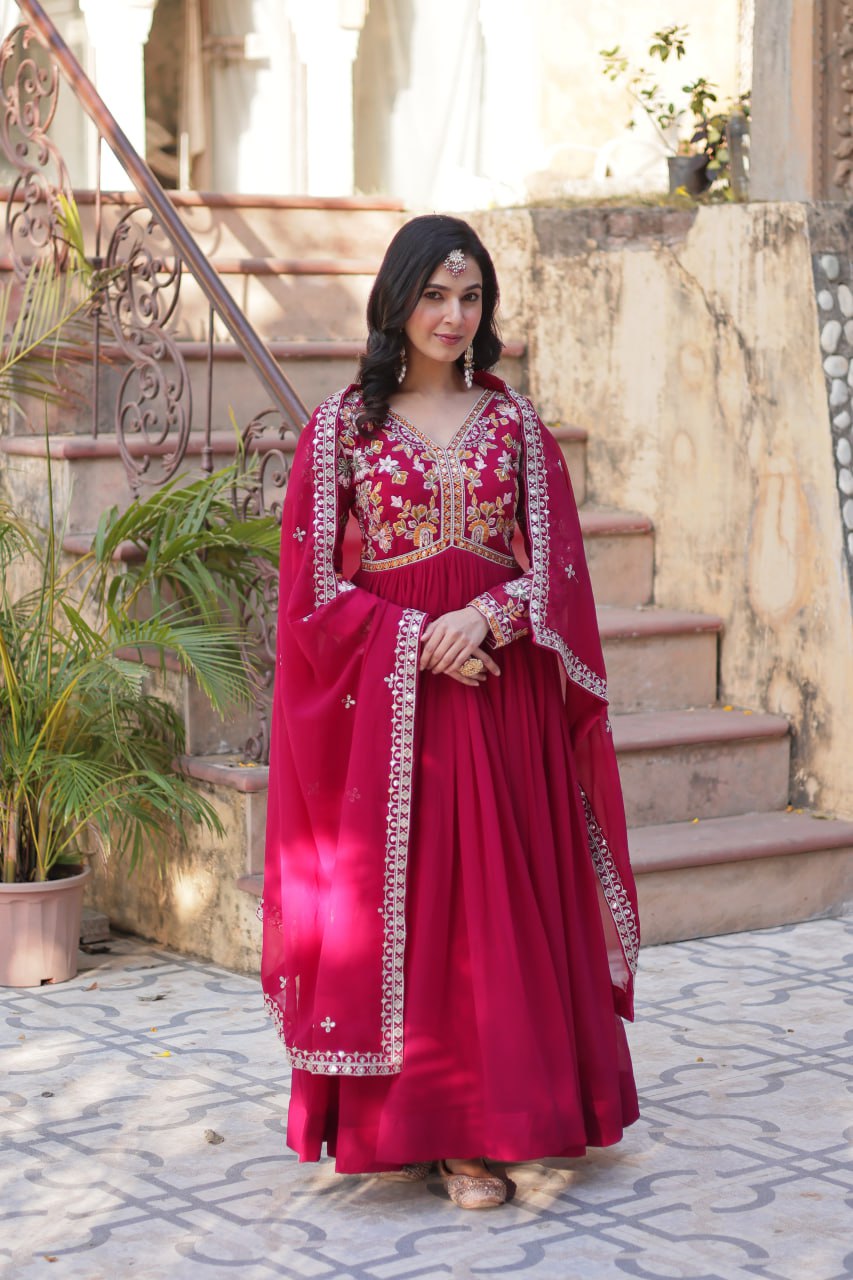 Magnificent Faux Georgette Zari Sequins Embroidered Gown With Dupatta - INDIAN ELEGANCE