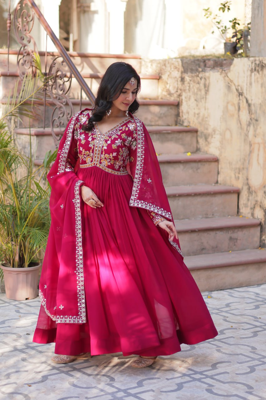 Magnificent Faux Georgette Zari Sequins Embroidered Gown With Dupatta - INDIAN ELEGANCE