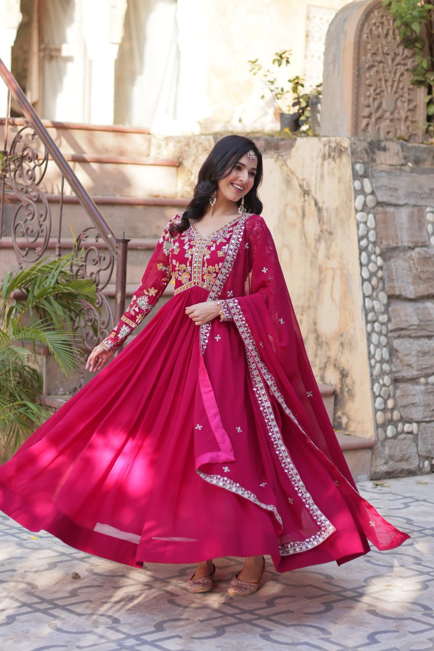 Magnificent Faux Georgette Zari Sequins Embroidered Gown With Dupatta - INDIAN ELEGANCE