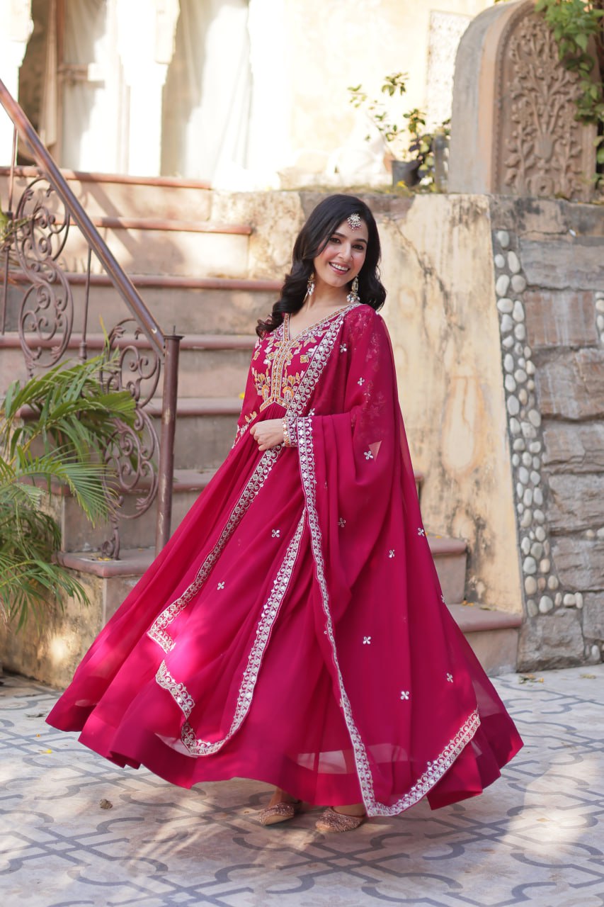 Magnificent Faux Georgette Zari Sequins Embroidered Gown With Dupatta - INDIAN ELEGANCE