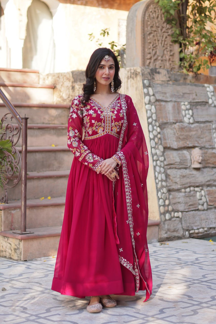 Magnificent Faux Georgette Zari Sequins Embroidered Gown With Dupatta - INDIAN ELEGANCE