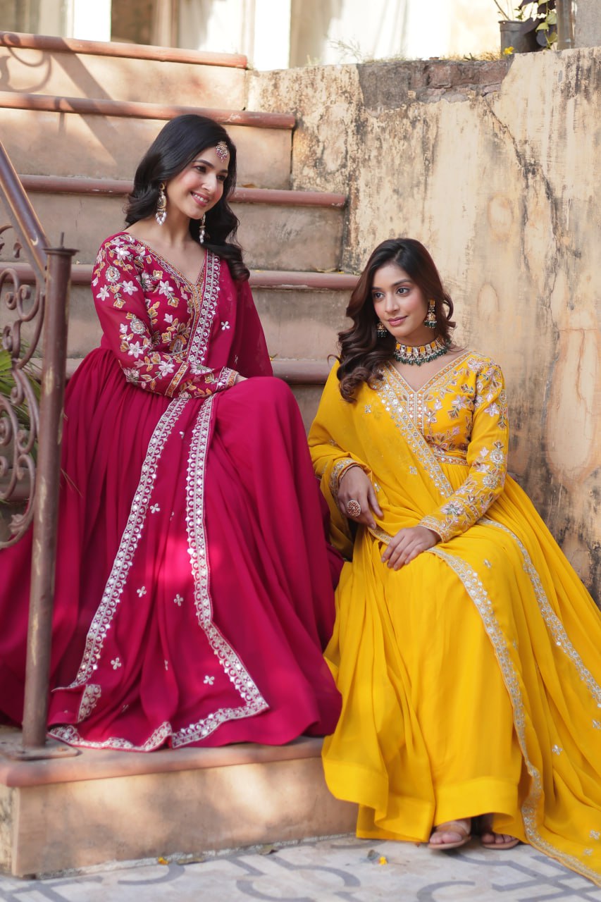 Magnificent Faux Georgette Zari Sequins Embroidered Gown With Dupatta - INDIAN ELEGANCE