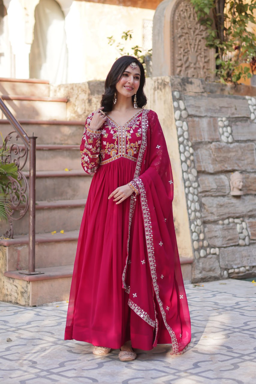 Magnificent Faux Georgette Zari Sequins Embroidered Gown With Dupatta - INDIAN ELEGANCE