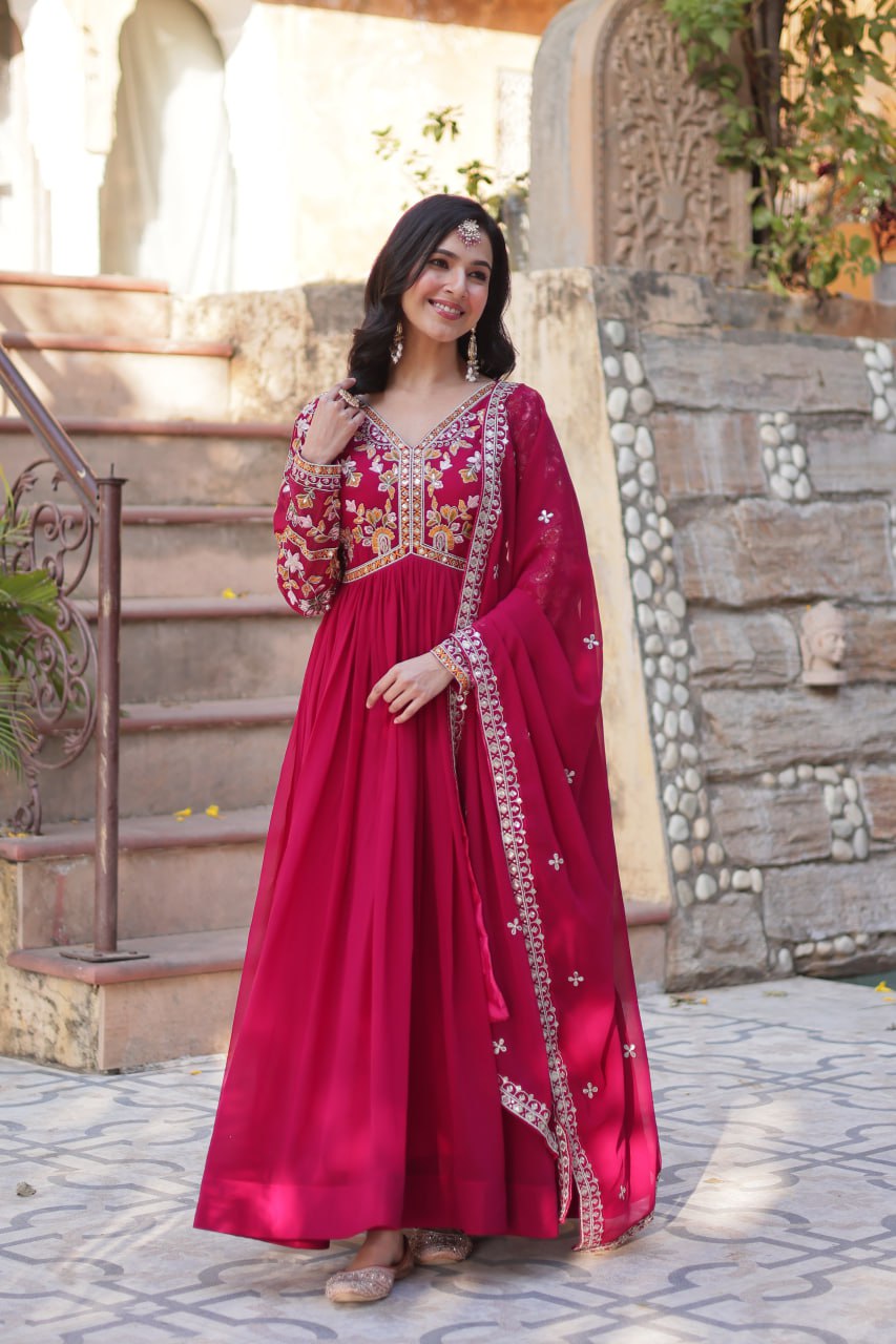 Magnificent Faux Georgette Zari Sequins Embroidered Gown With Dupatta - INDIAN ELEGANCE