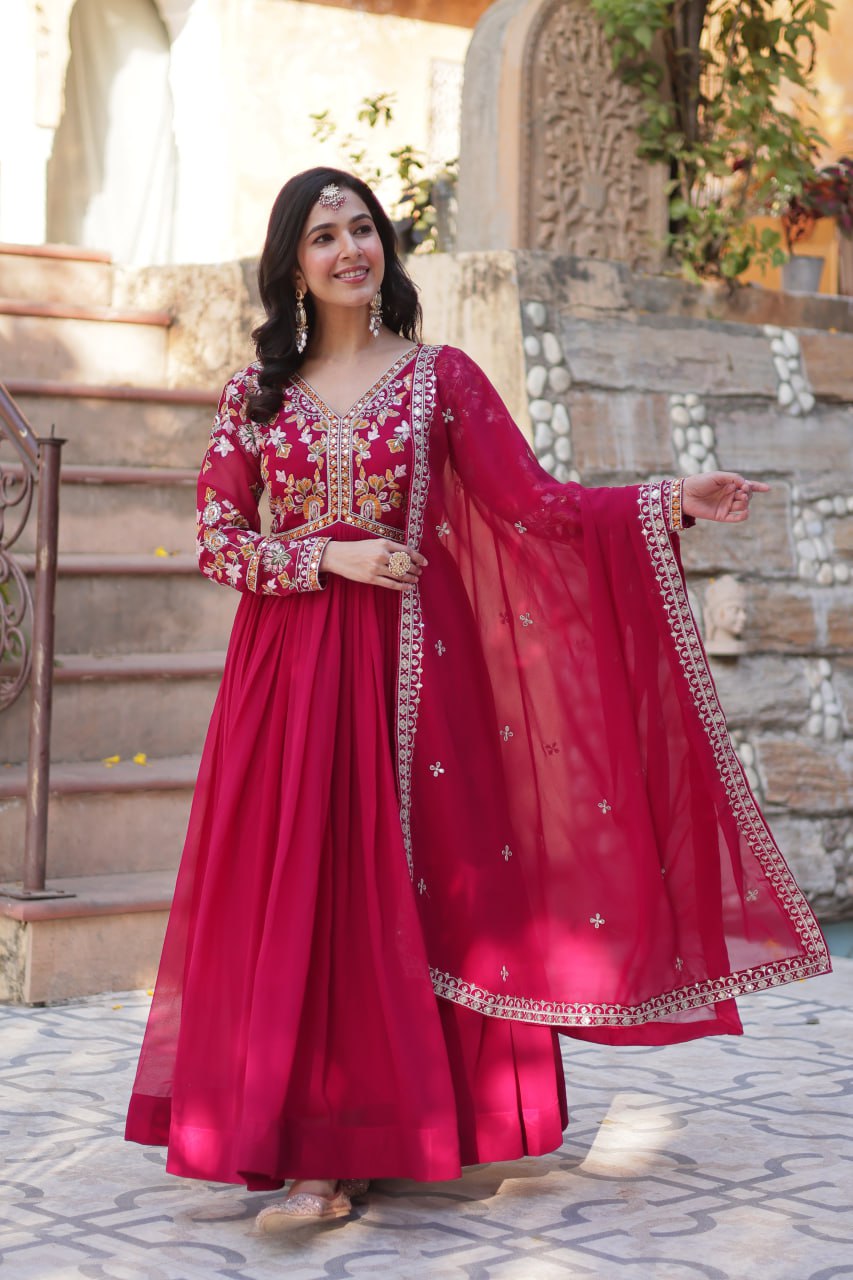 Magnificent Faux Georgette Zari Sequins Embroidered Gown With Dupatta - INDIAN ELEGANCE