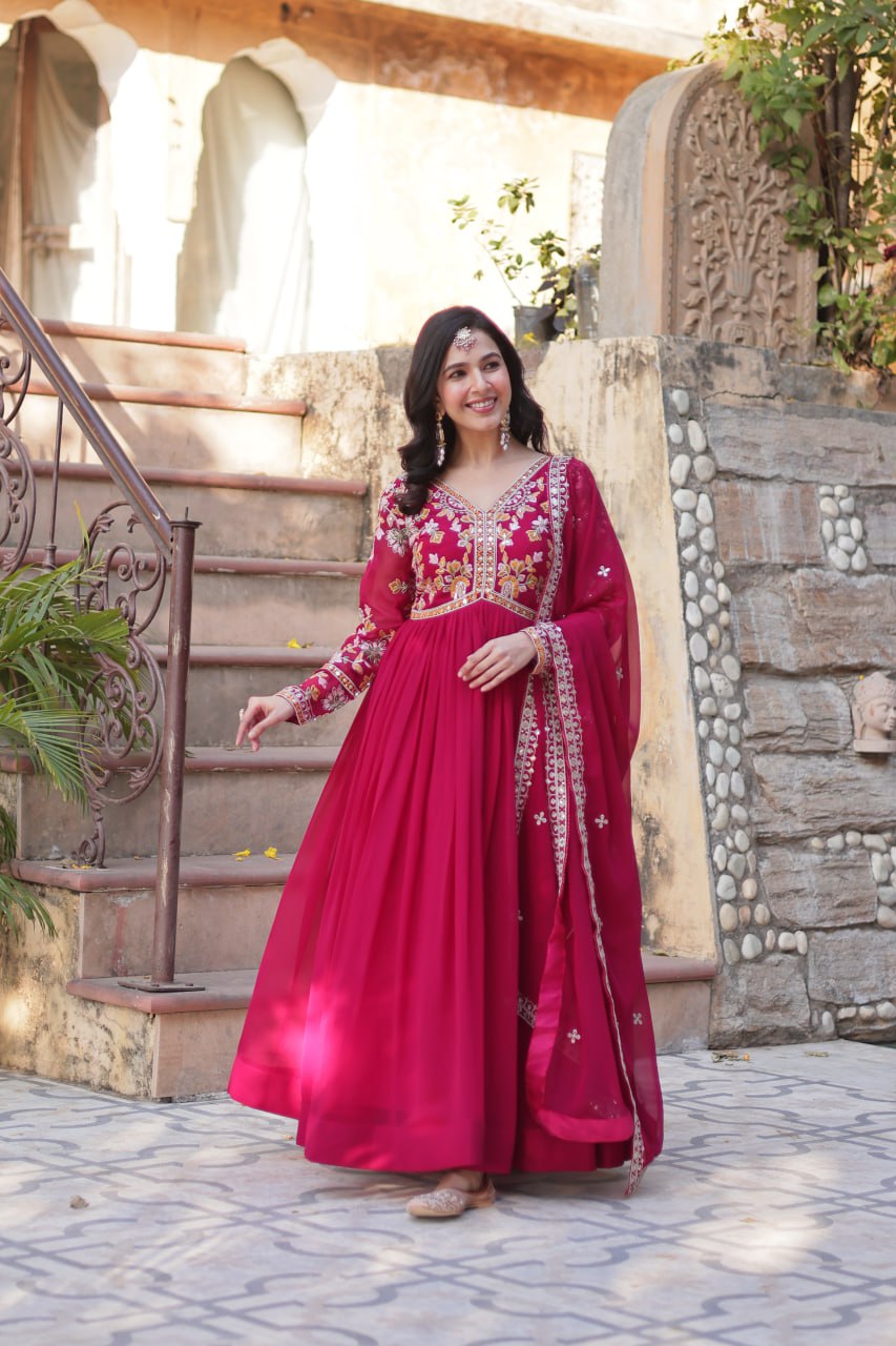 Magnificent Faux Georgette Zari Sequins Embroidered Gown With Dupatta - INDIAN ELEGANCE
