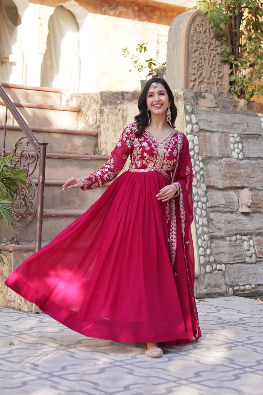 Magnificent Faux Georgette Zari Sequins Embroidered Gown With Dupatta - INDIAN ELEGANCE