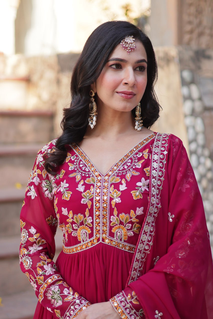 Magnificent Faux Georgette Zari Sequins Embroidered Gown With Dupatta - INDIAN ELEGANCE