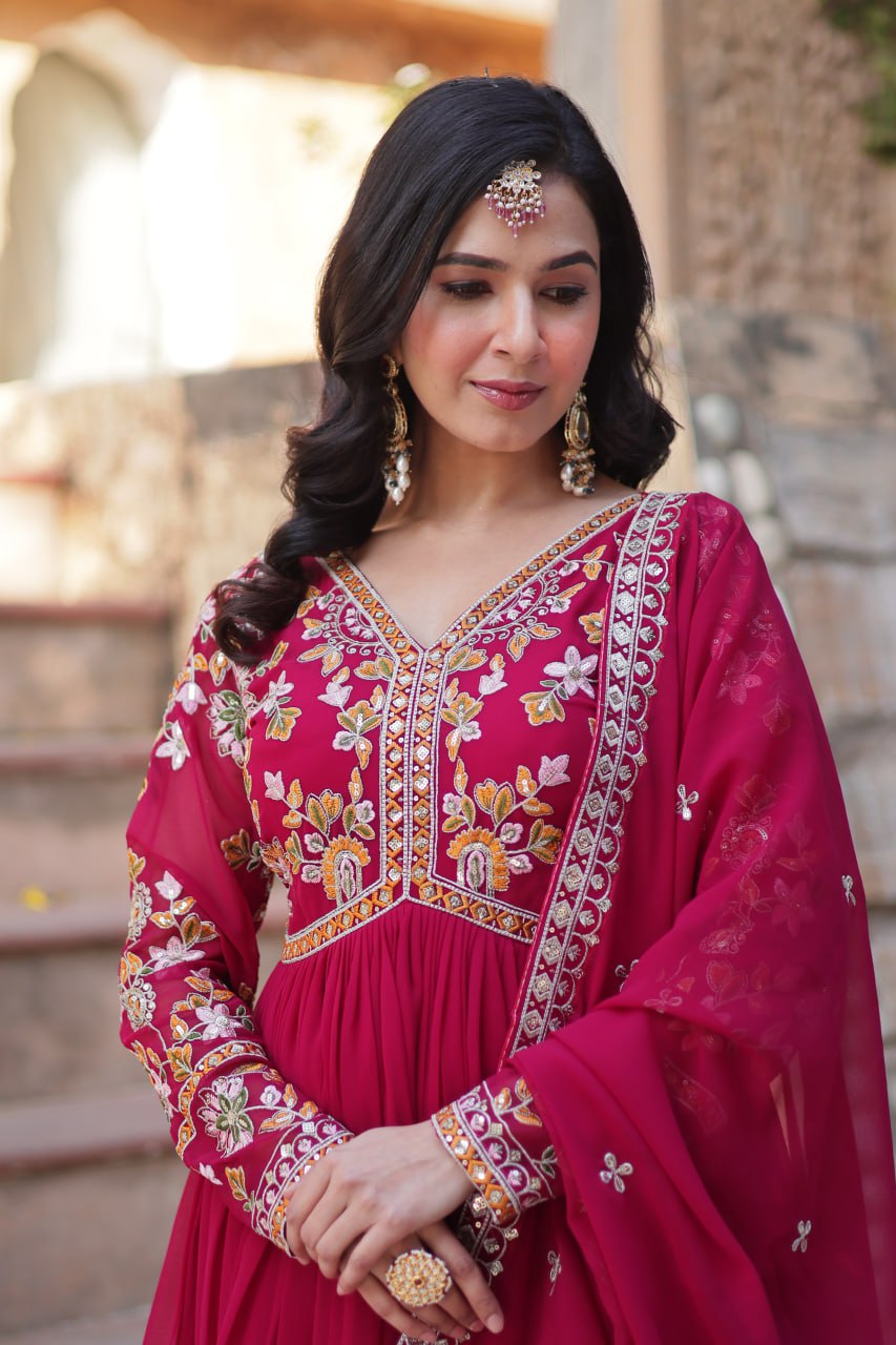 Magnificent Faux Georgette Zari Sequins Embroidered Gown With Dupatta - INDIAN ELEGANCE