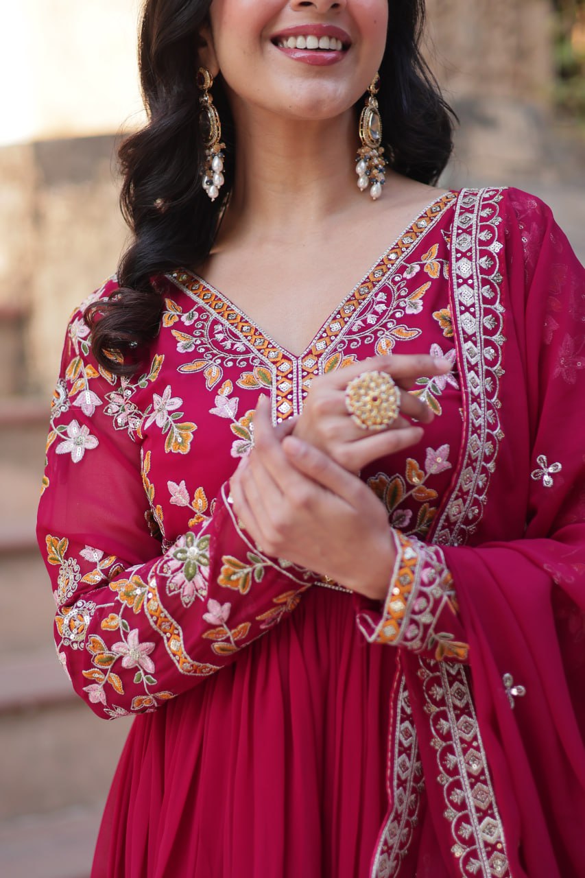 Magnificent Faux Georgette Zari Sequins Embroidered Gown With Dupatta - INDIAN ELEGANCE