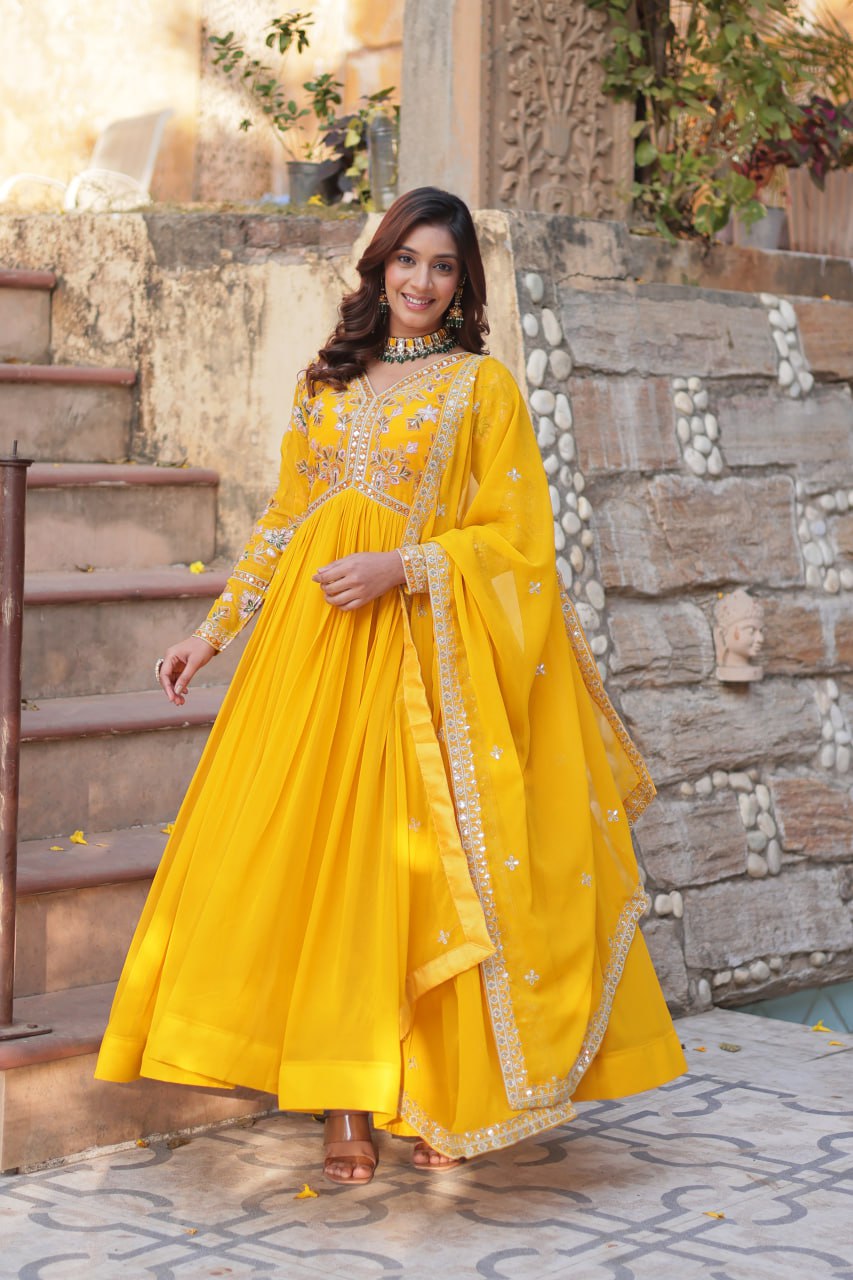 Magnificent Faux Georgette Zari Sequins Embroidered Gown With Dupatta - INDIAN ELEGANCE