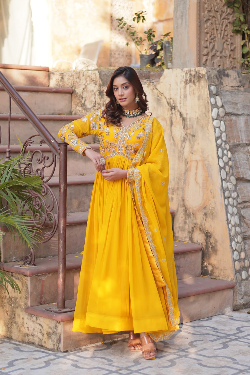 Magnificent Faux Georgette Zari Sequins Embroidered Gown With Dupatta - INDIAN ELEGANCE