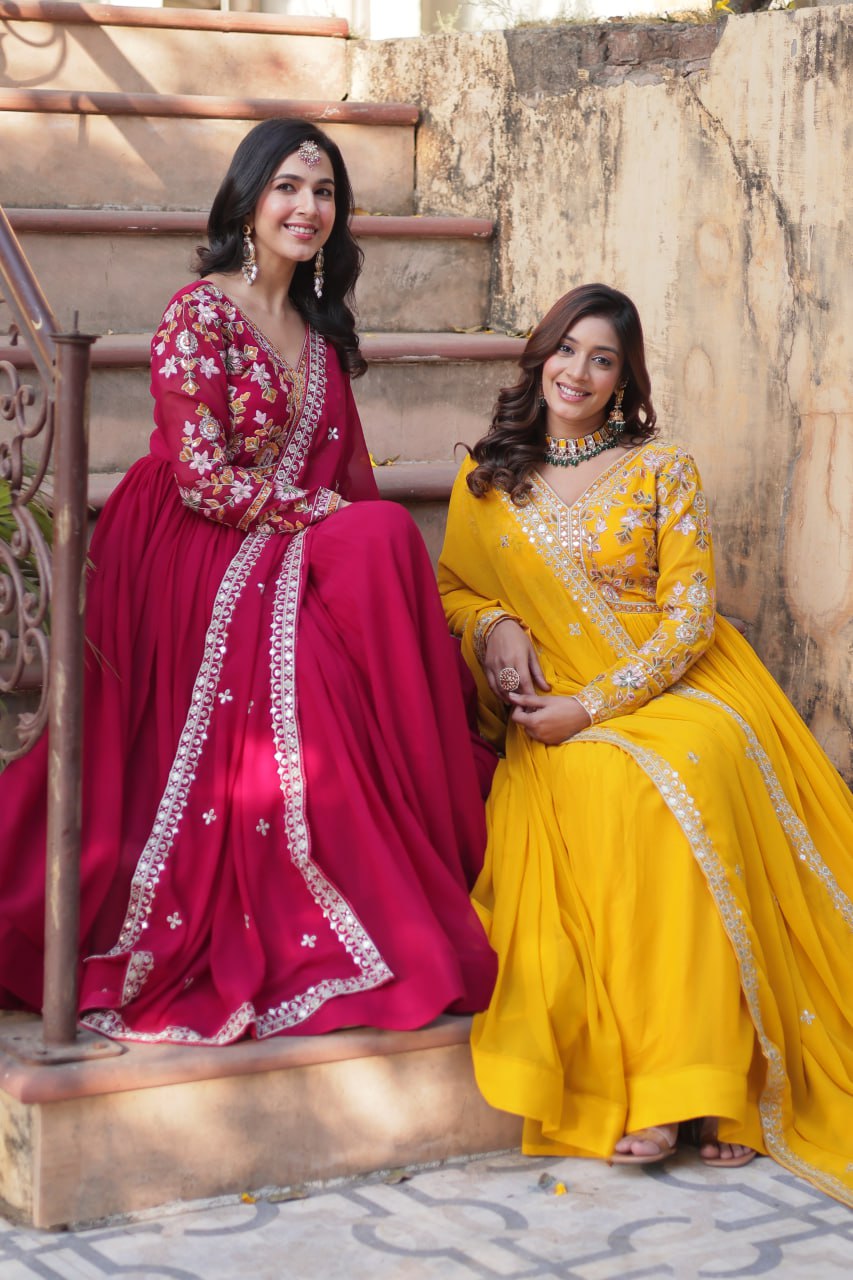 Magnificent Faux Georgette Zari Sequins Embroidered Gown With Dupatta - INDIAN ELEGANCE