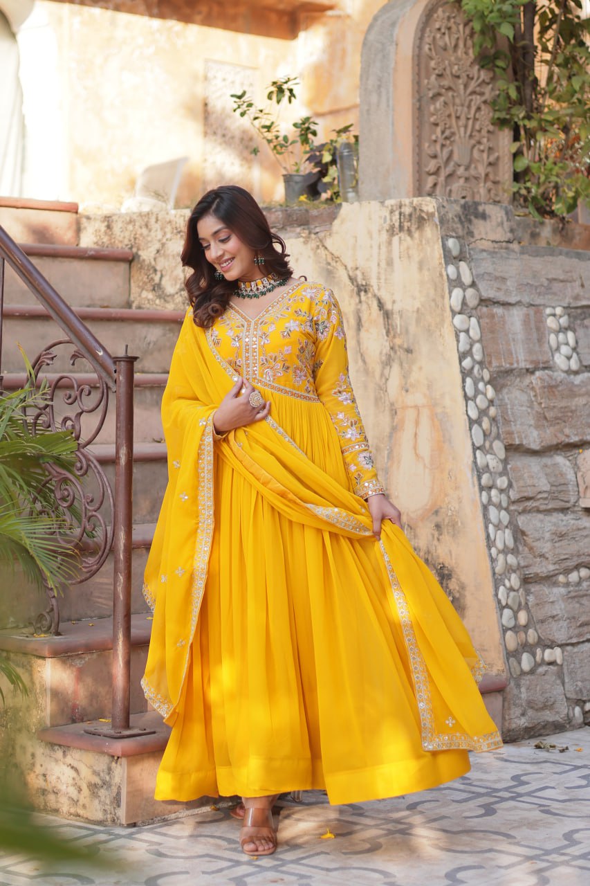 Magnificent Faux Georgette Zari Sequins Embroidered Gown With Dupatta - INDIAN ELEGANCE