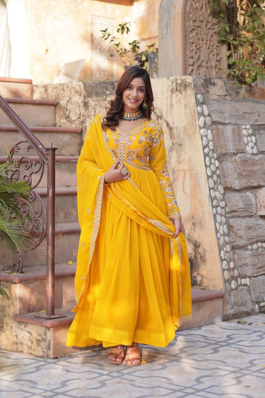 Magnificent Faux Georgette Zari Sequins Embroidered Gown With Dupatta - INDIAN ELEGANCE