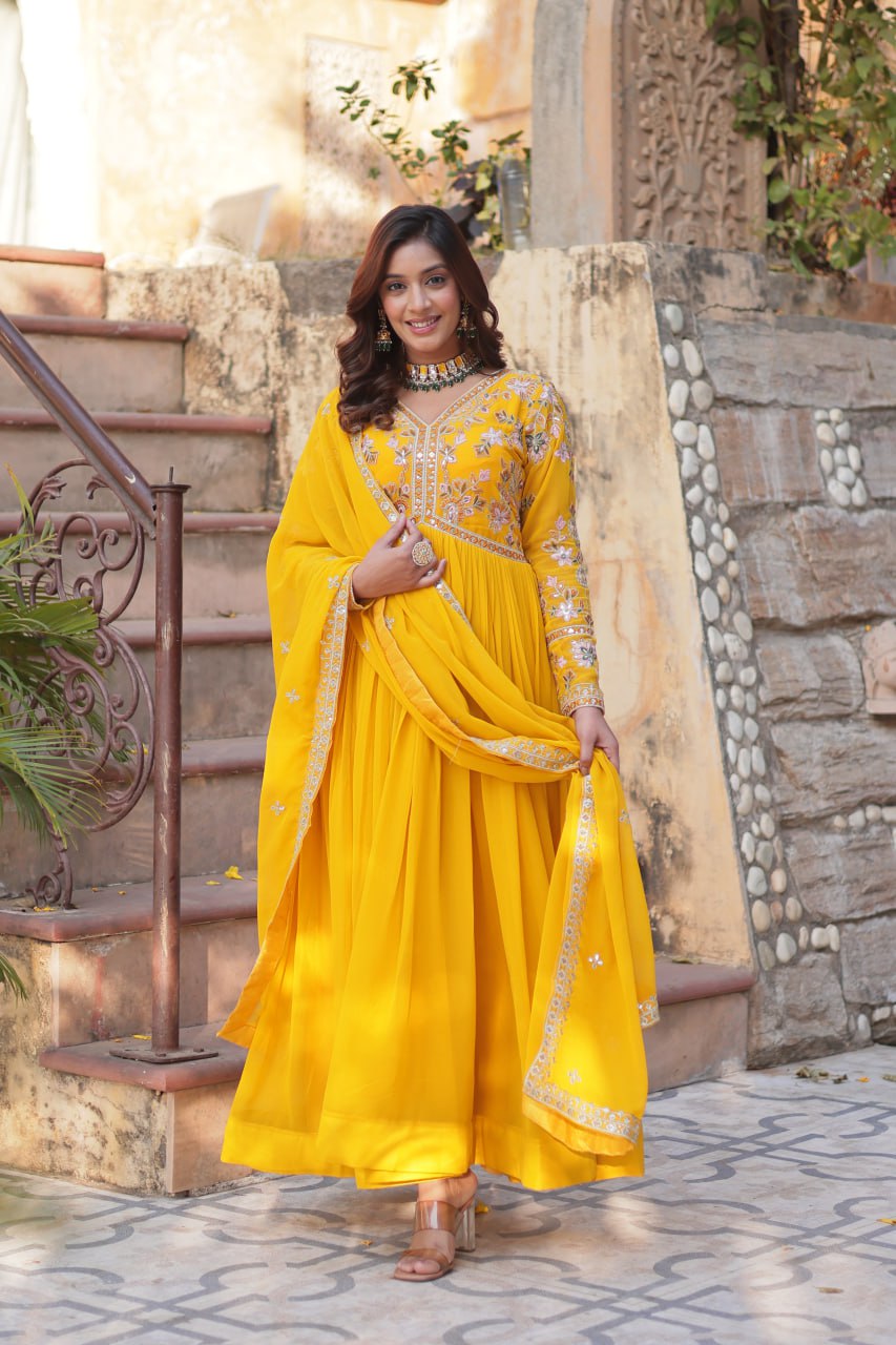Magnificent Faux Georgette Zari Sequins Embroidered Gown With Dupatta - INDIAN ELEGANCE