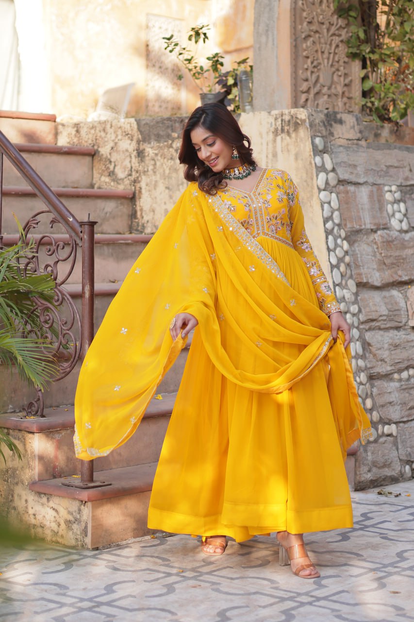 Magnificent Faux Georgette Zari Sequins Embroidered Gown With Dupatta - INDIAN ELEGANCE