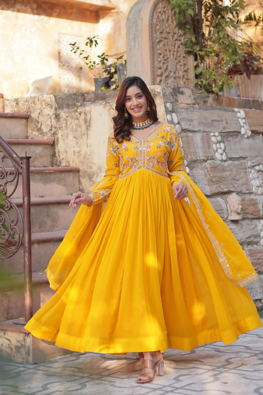 Magnificent Faux Georgette Zari Sequins Embroidered Gown With Dupatta - INDIAN ELEGANCE
