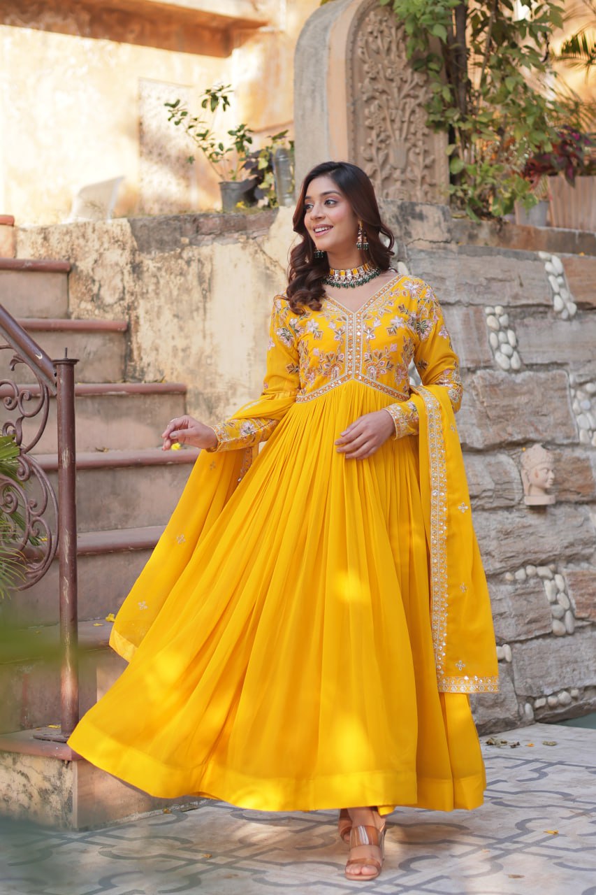 Magnificent Faux Georgette Zari Sequins Embroidered Gown With Dupatta - INDIAN ELEGANCE