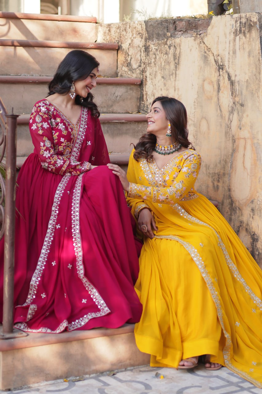 Magnificent Faux Georgette Zari Sequins Embroidered Gown With Dupatta - INDIAN ELEGANCE