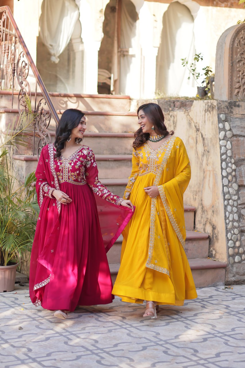 Magnificent Faux Georgette Zari Sequins Embroidered Gown With Dupatta - INDIAN ELEGANCE