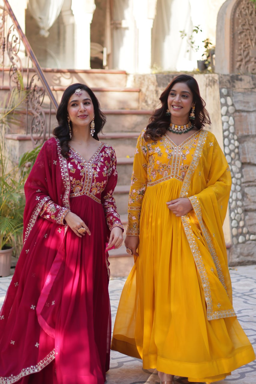 Magnificent Faux Georgette Zari Sequins Embroidered Gown With Dupatta - INDIAN ELEGANCE