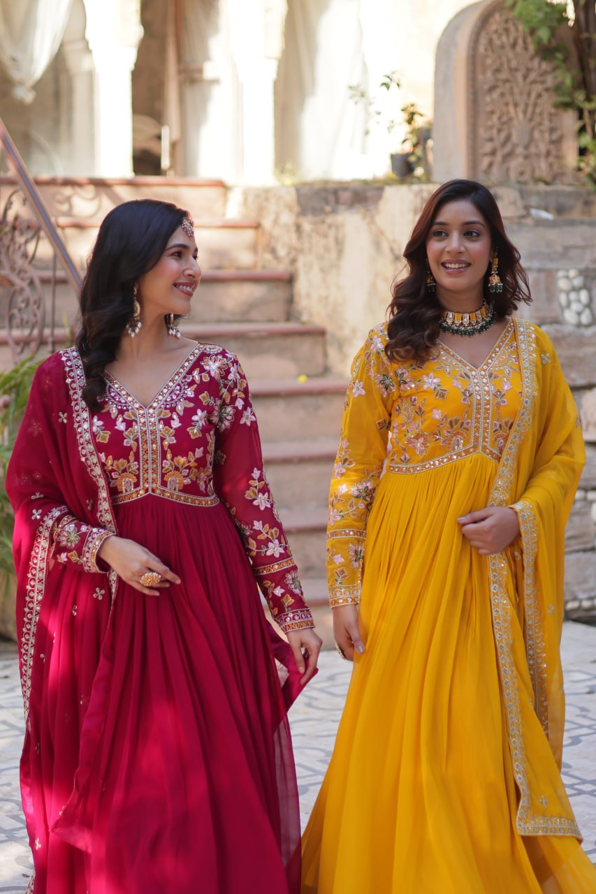 Magnificent Faux Georgette Zari Sequins Embroidered Gown With Dupatta - INDIAN ELEGANCE