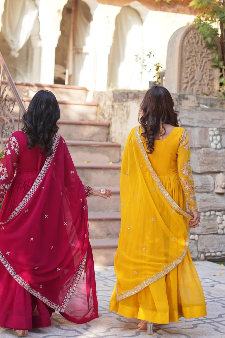 Magnificent Faux Georgette Zari Sequins Embroidered Gown With Dupatta - INDIAN ELEGANCE