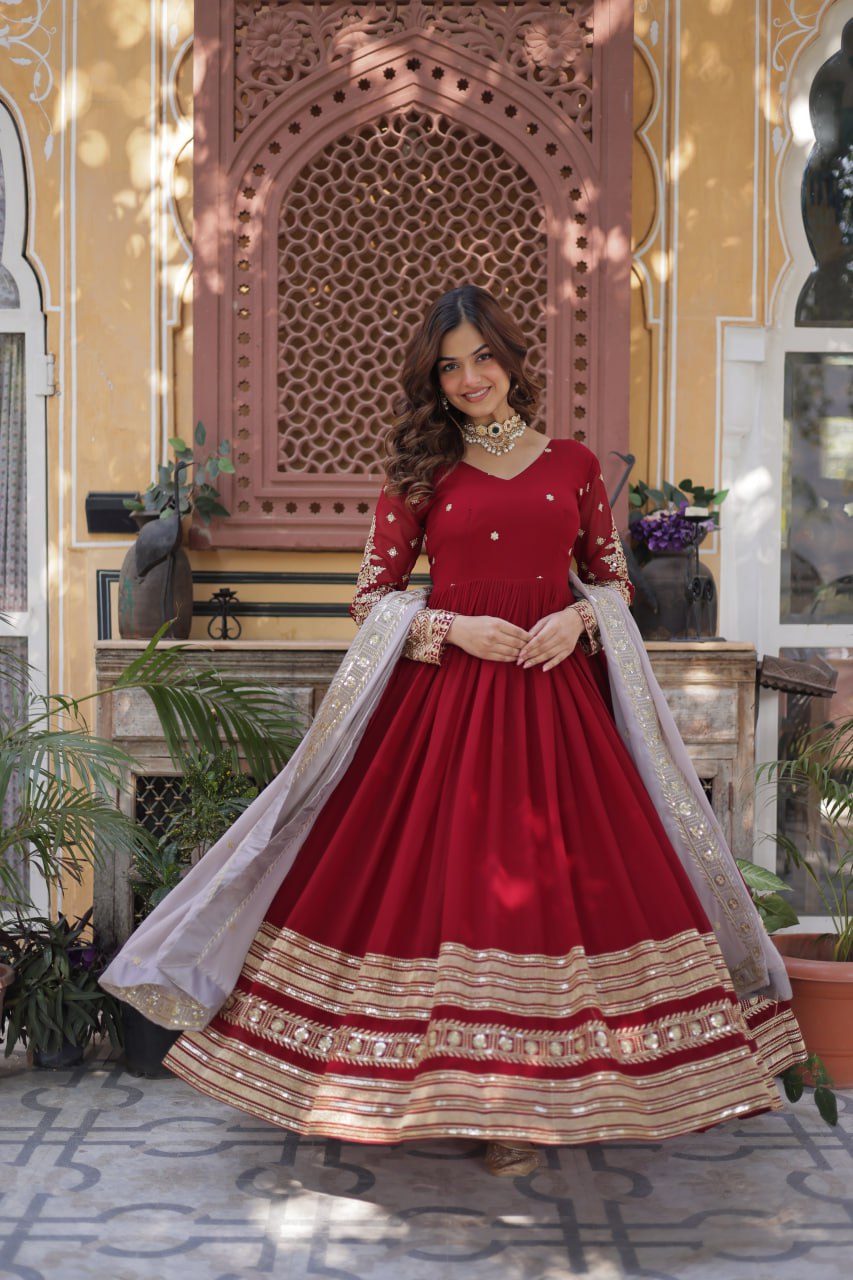 Spellbinding Maroon Faux Georgettte Embroidered Sequins Worked Gown - INDIAN ELEGANCE