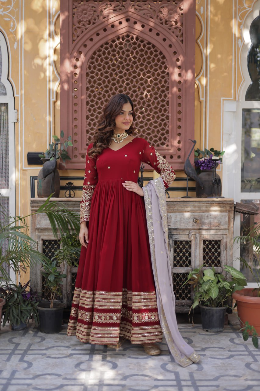 Spellbinding Maroon Faux Georgettte Embroidered Sequins Worked Gown - INDIAN ELEGANCE