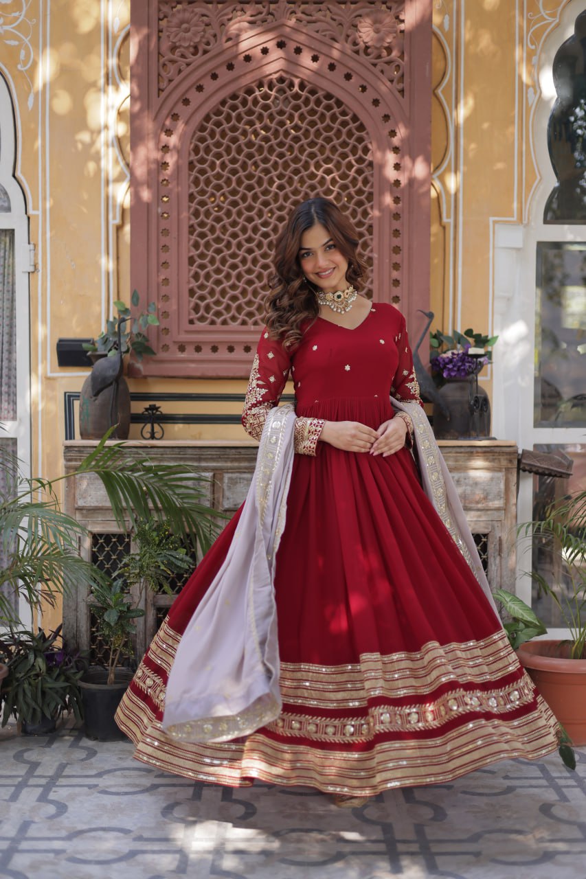 Spellbinding Maroon Faux Georgettte Embroidered Sequins Worked Gown - INDIAN ELEGANCE