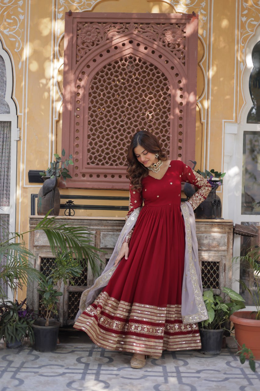 Spellbinding Maroon Faux Georgettte Embroidered Sequins Worked Gown - INDIAN ELEGANCE