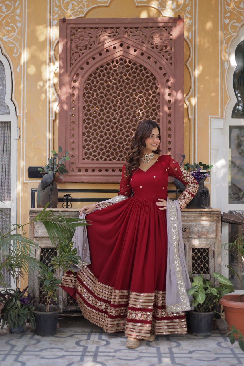 Spellbinding Maroon Faux Georgettte Embroidered Sequins Worked Gown - INDIAN ELEGANCE
