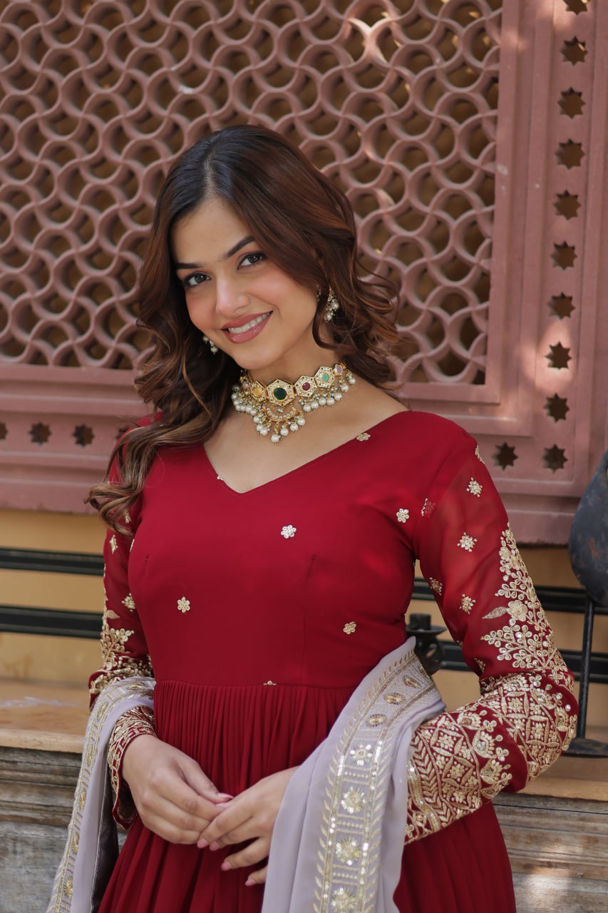 Spellbinding Maroon Faux Georgettte Embroidered Sequins Worked Gown - INDIAN ELEGANCE