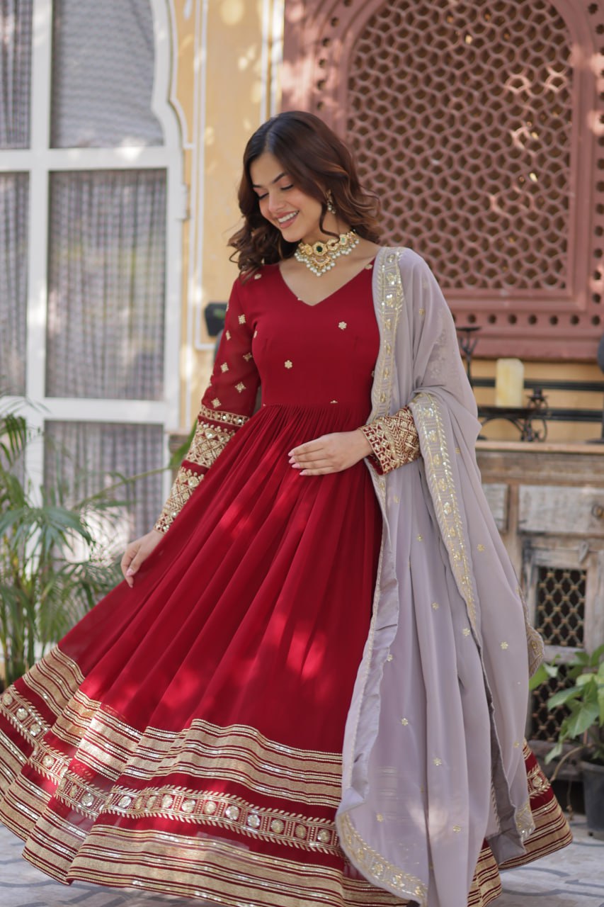 Spellbinding Maroon Faux Georgettte Embroidered Sequins Worked Gown - INDIAN ELEGANCE