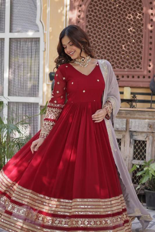 Spellbinding Maroon Faux Georgettte Embroidered Sequins Worked Gown - INDIAN ELEGANCE