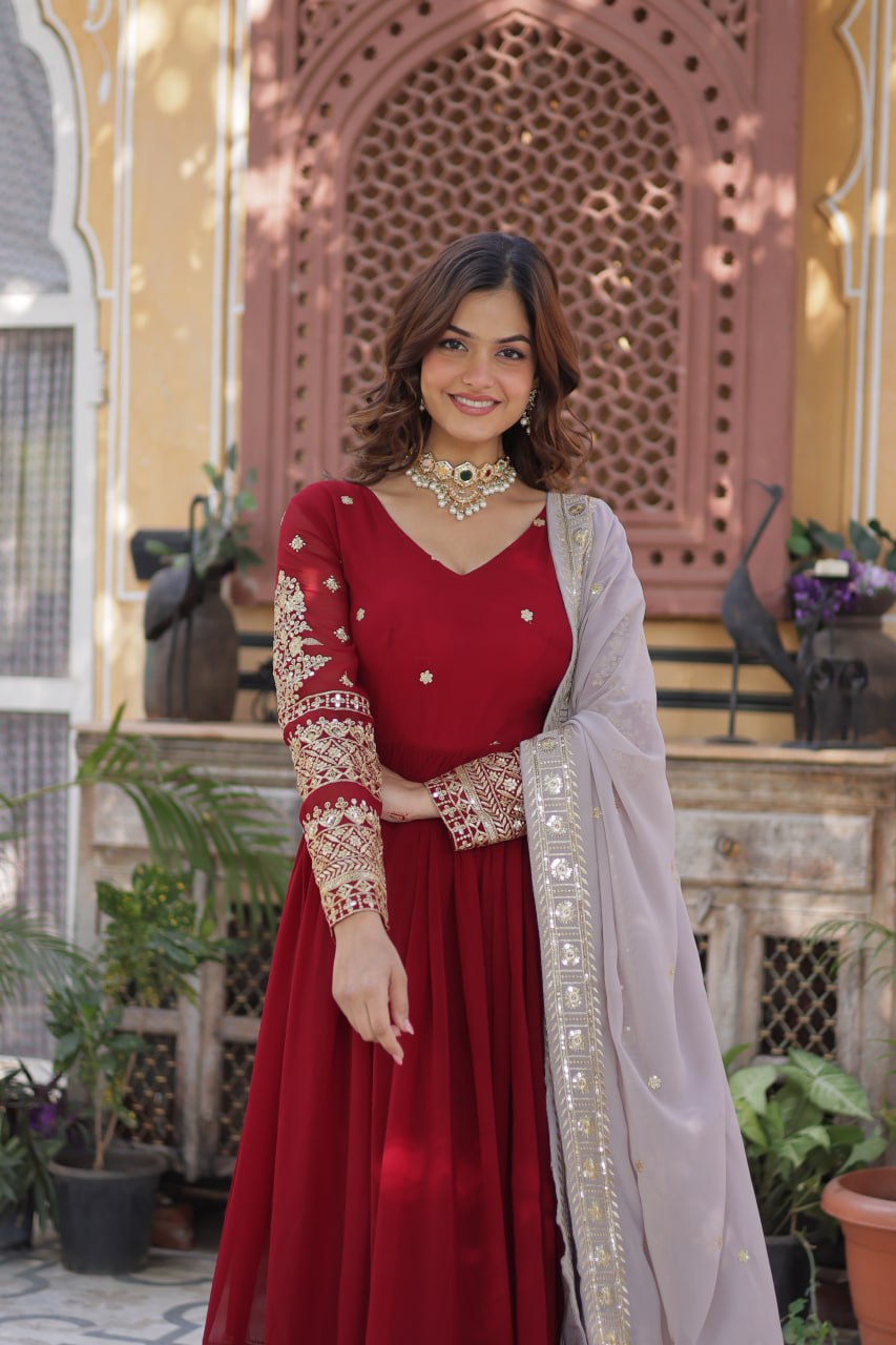 Spellbinding Maroon Faux Georgettte Embroidered Sequins Worked Gown - INDIAN ELEGANCE
