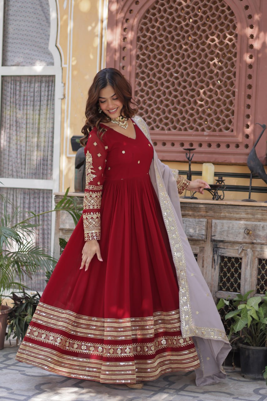 Spellbinding Maroon Faux Georgettte Embroidered Sequins Worked Gown - INDIAN ELEGANCE