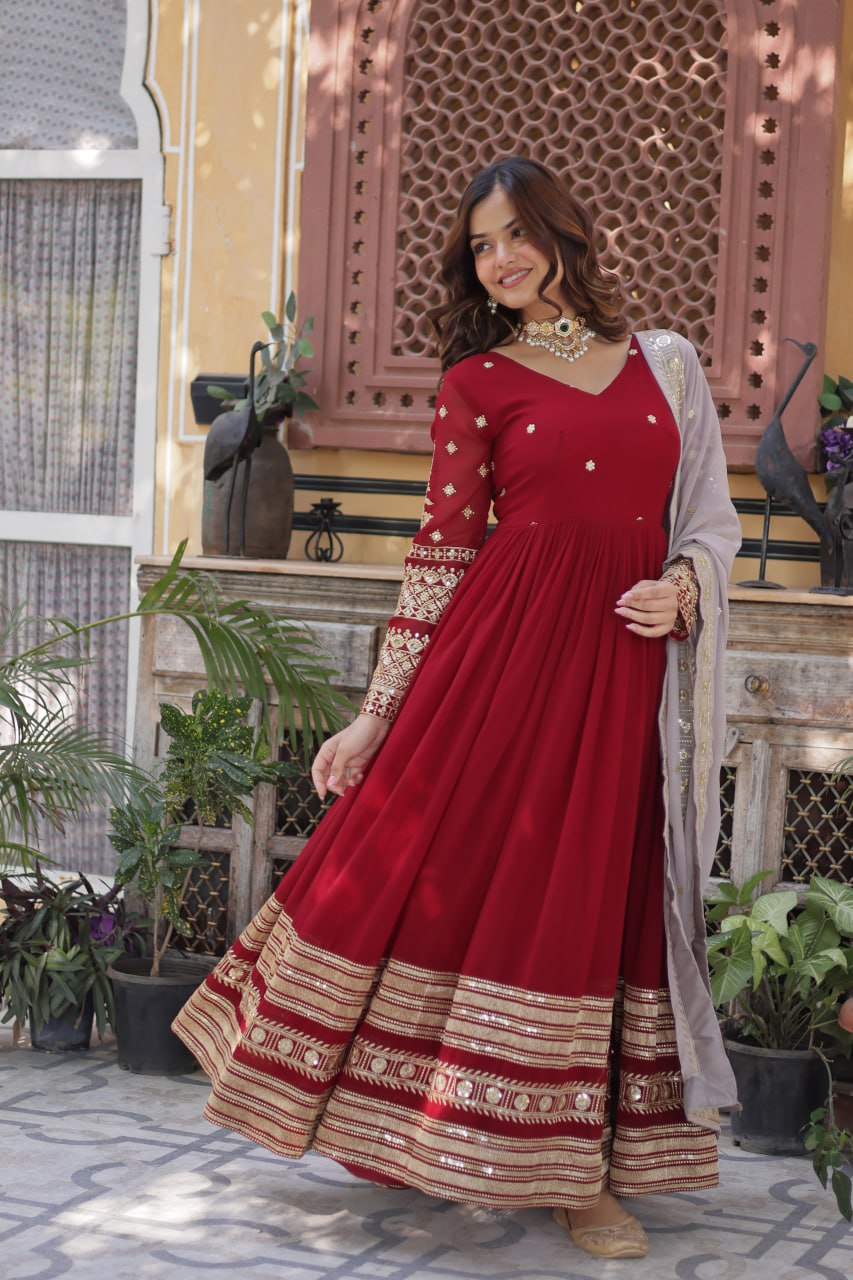 Spellbinding Maroon Faux Georgettte Embroidered Sequins Worked Gown - INDIAN ELEGANCE