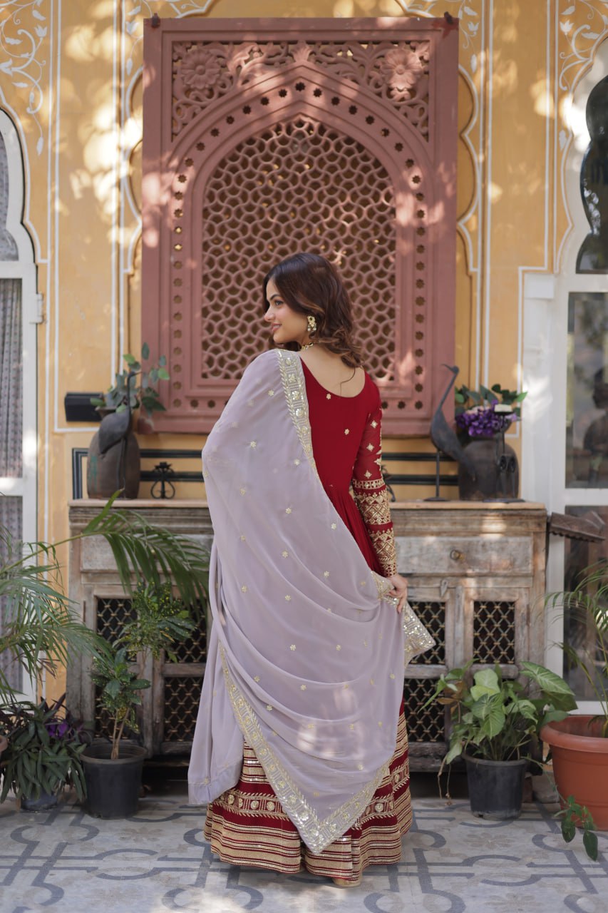 Spellbinding Maroon Faux Georgettte Embroidered Sequins Worked Gown - INDIAN ELEGANCE
