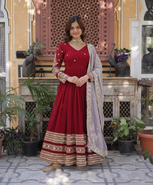 Spellbinding Maroon Faux Georgettte Embroidered Sequins Worked Gown - INDIAN ELEGANCE