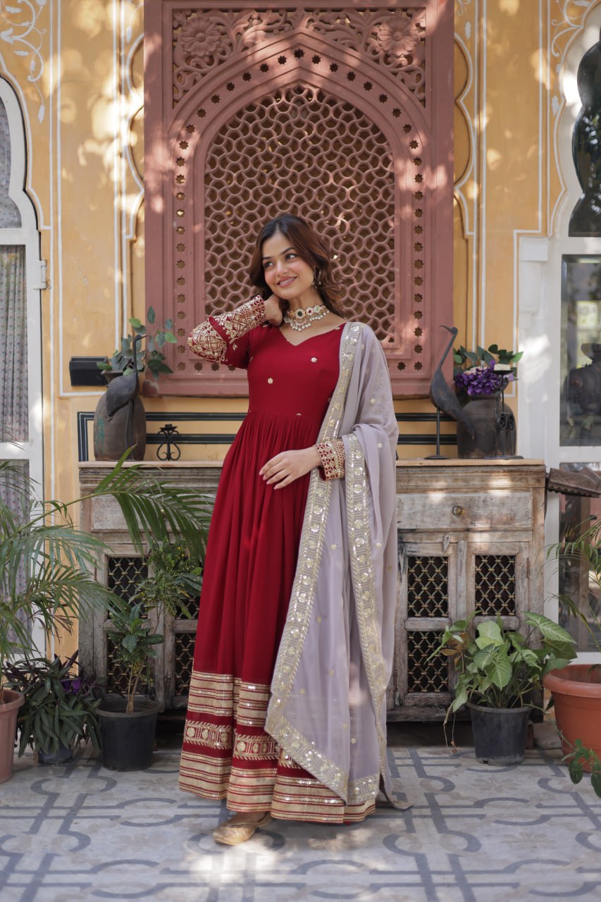 Spellbinding Maroon Faux Georgettte Embroidered Sequins Worked Gown - INDIAN ELEGANCE