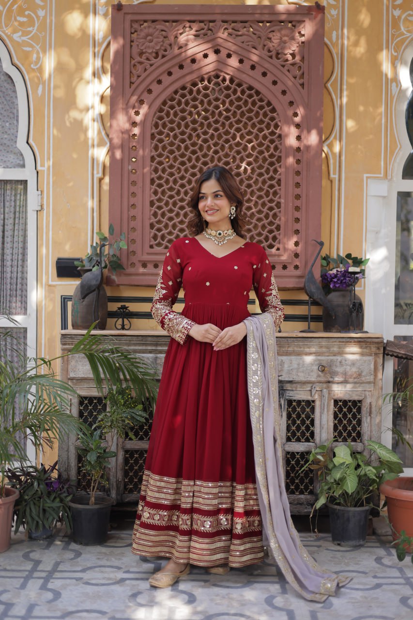 Spellbinding Maroon Faux Georgettte Embroidered Sequins Worked Gown - INDIAN ELEGANCE