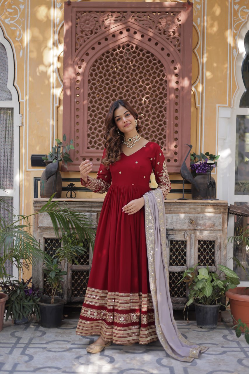 Spellbinding Maroon Faux Georgettte Embroidered Sequins Worked Gown - INDIAN ELEGANCE