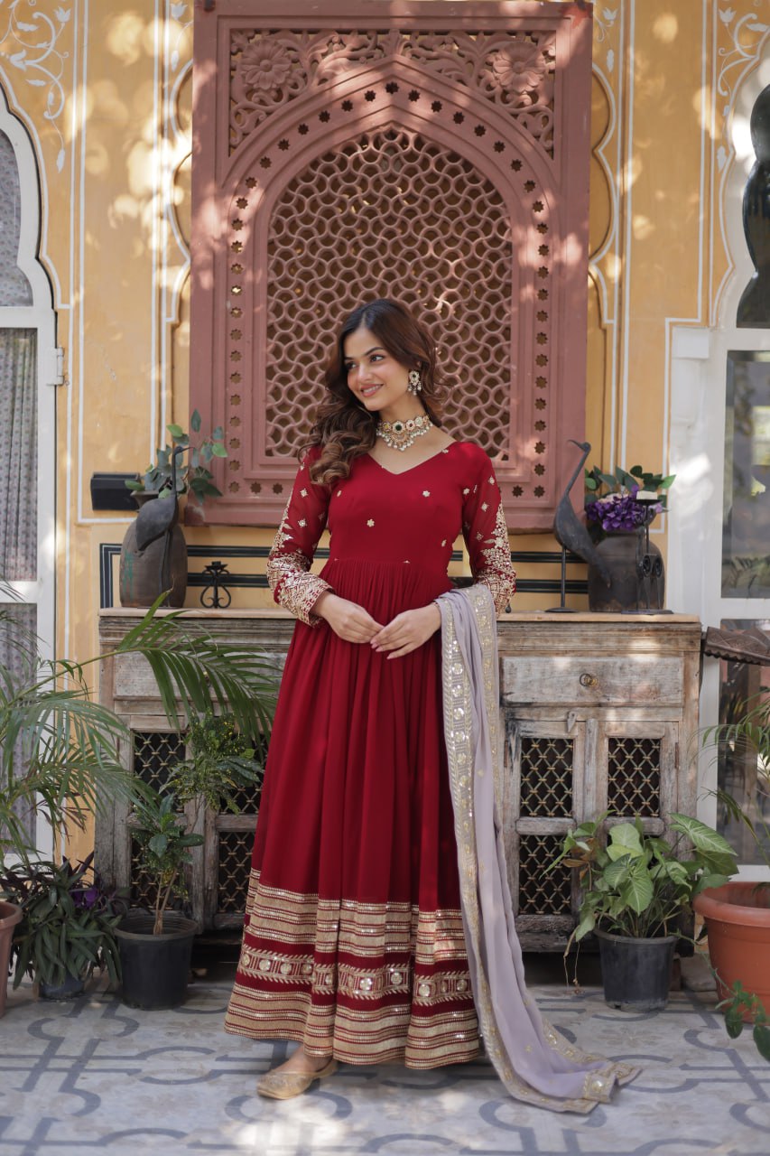 Spellbinding Maroon Faux Georgettte Embroidered Sequins Worked Gown - INDIAN ELEGANCE