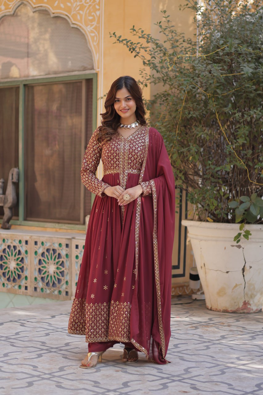 Graceful Elegance – Embroidered Faux Georgette Suit Set - INDIAN ELEGANCE